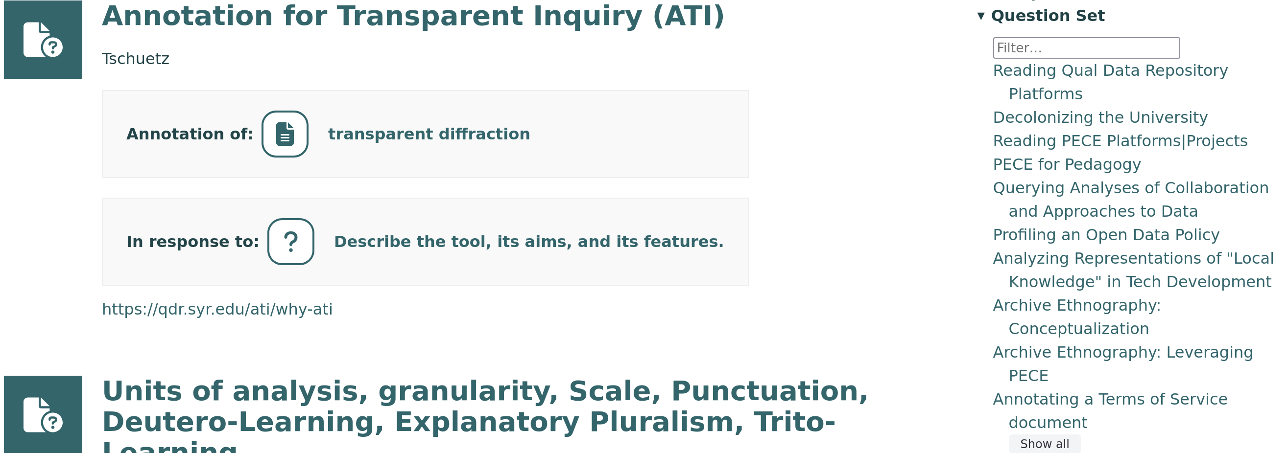 Screenshot of worldpece.org/analyize showing "Annotation for Transparent Inquiry (ATI)" and another result alongside a right-hand column with an opened fieldset for "Question set" with a search box labeled "Filter" and a ten options starting with "Reading Qual Data Repository Platforms" and "Decolonizing the University" and ending in a muted "Show all" button.