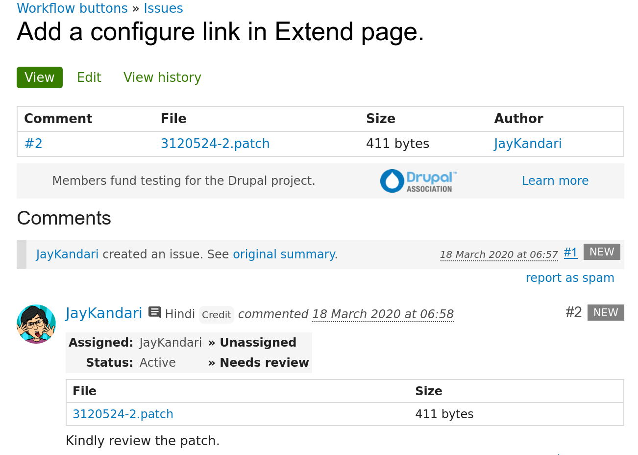 Workflow buttons issue: Add a configure link in Extend page.