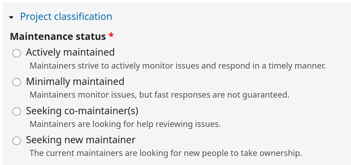 Maintenance status radio buttons field showing Actively maintained, Minimally maintained, Seeking co-maintainer(s), and Seeking new maintainer options.