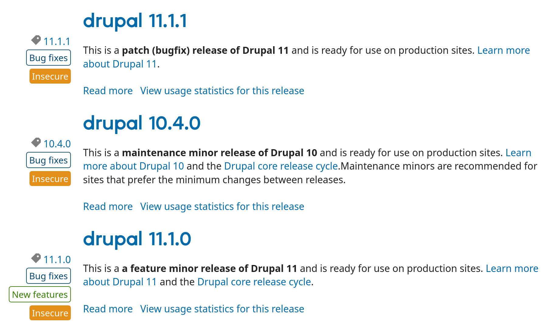 Screenshot of several releases of Drupal 11