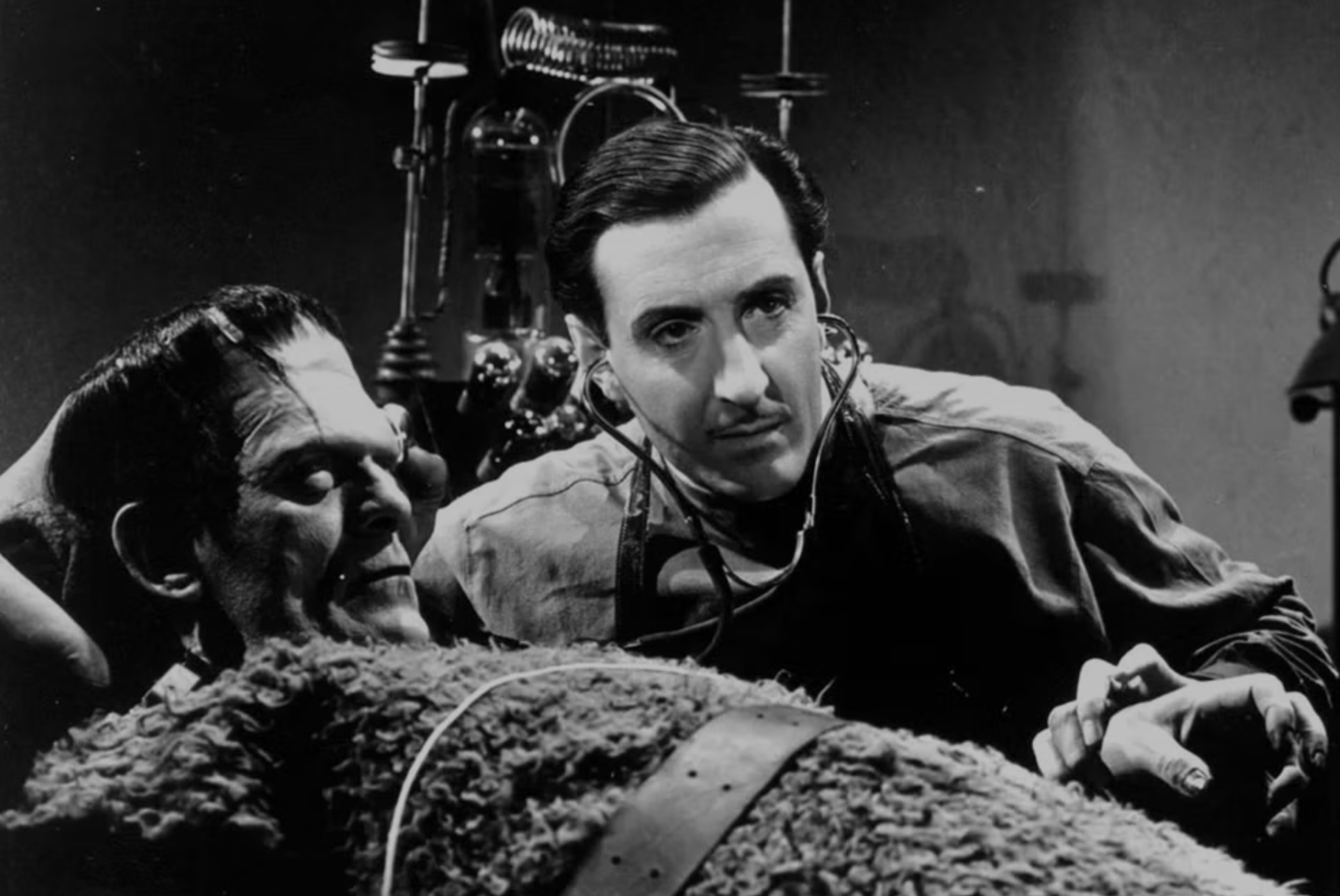 Frankenstein and monster, part of a still from 1931 guillermo del toro adaptation