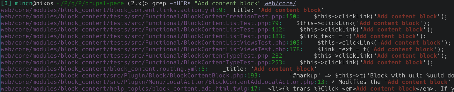 grep -nHIRs "Add content block" web/core/ with a half-dozen results, including web/core/modules/block_content/block_content.links.action.yml:9 and a bunch of results in tests.