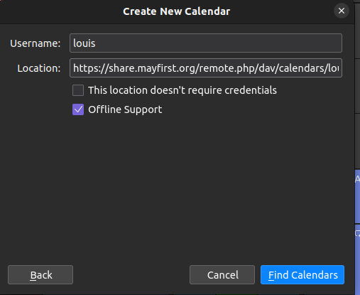 A dialog to 'Create a new calendar' with a username text field option, a location text field expecting a calendar(s) url, and two checkboxes 'This location doesn't require credentials' and 'Offline Support' with 'Offline Support' selected.