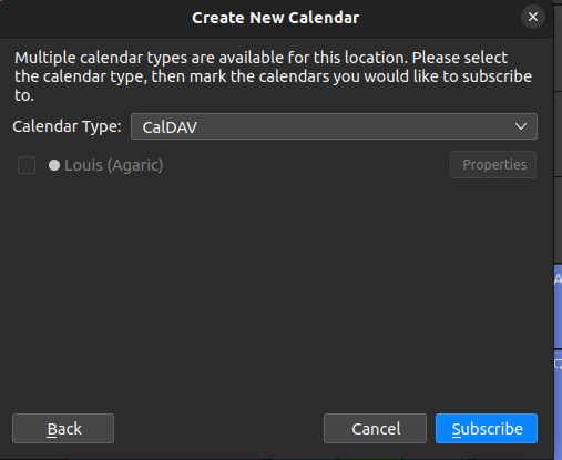 A dialog to 'Create New calendar' showing a Calendar Type dropdown with, the second option, 'CalDAV', selected, and a checkbox option with the requested calendar