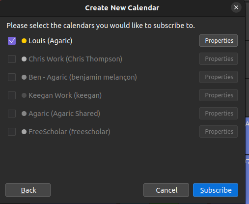 A dialog to 'Create New calendar' with checkboxes listing your calendar and all calendars shared with you.