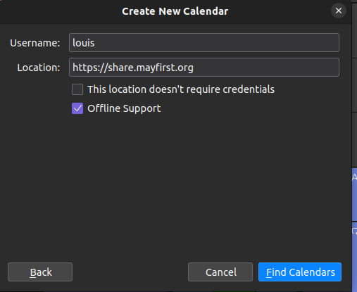 A dialog to 'Create a new calendar' with a username text field option, a location text field expecting a calendar(s) url, and two checkboxes 'This location doesn't require credentials' and 'Offline Support' with 'Offline Support' selected.