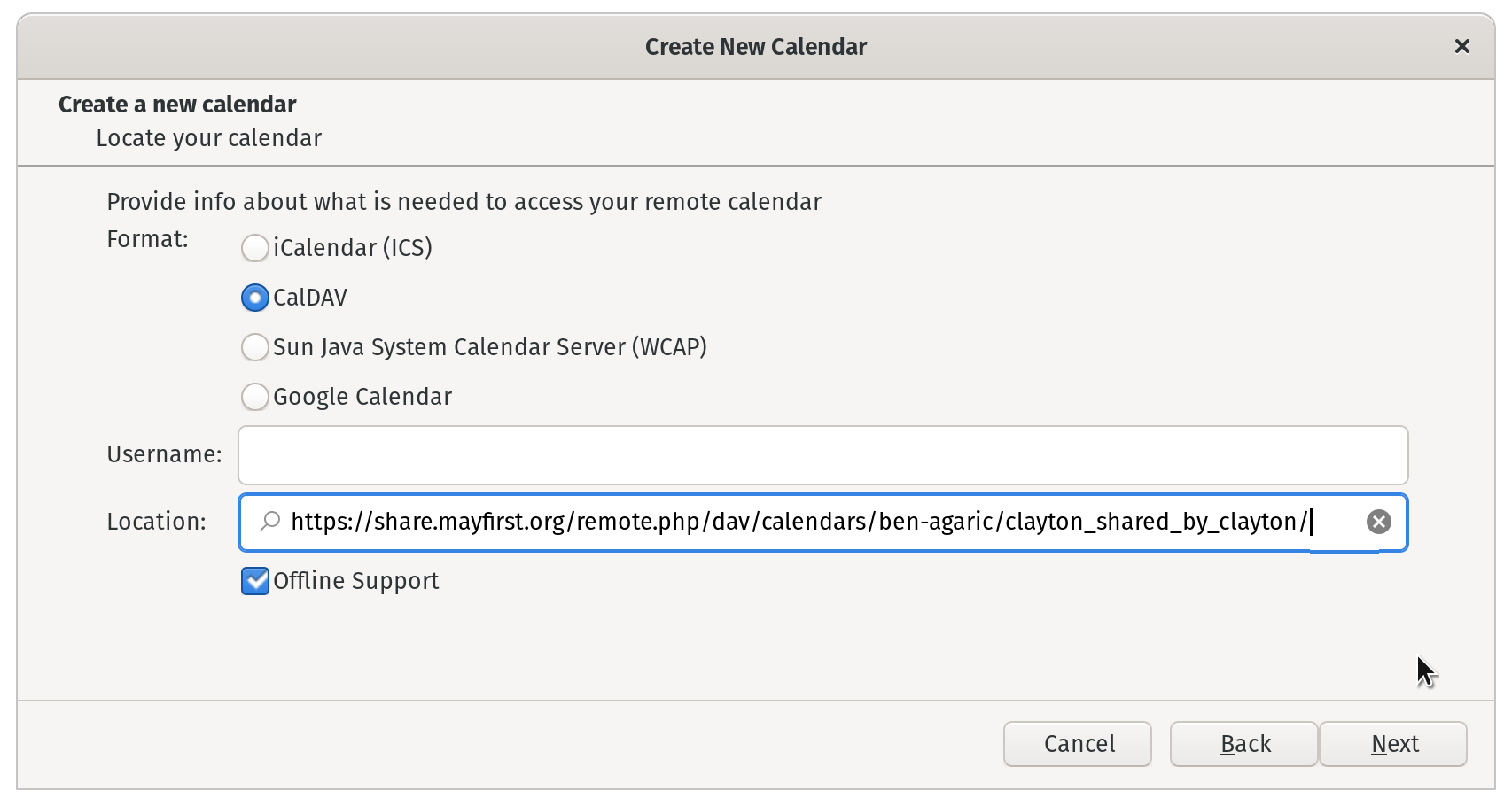 A dialog to 'Create a new calendar' showing four radio buttons, the second one, 'CalDAV', is selected, and a URL is present in a text field labeled 'Location'.